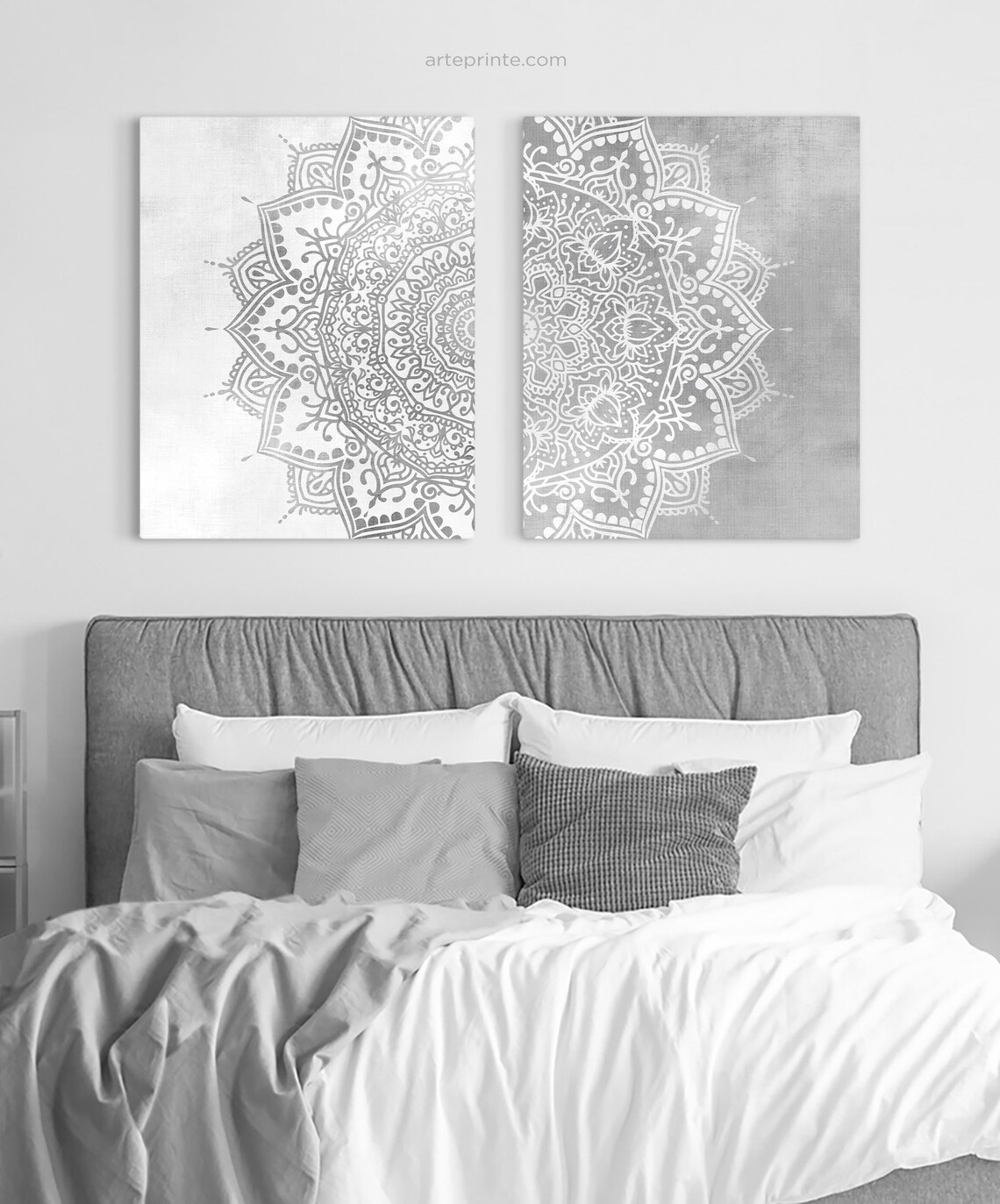 Gray Mandala Wall Art Set of 2 Prints Boho Wall Decor Grey Etsy