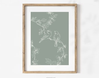 Bird Art Print, Minimalist Drawing Couple of Birds on a Branch, Ink Sketch, Nature Art, Sage Green Modern Cosy Wall Decor, Printed Shipped