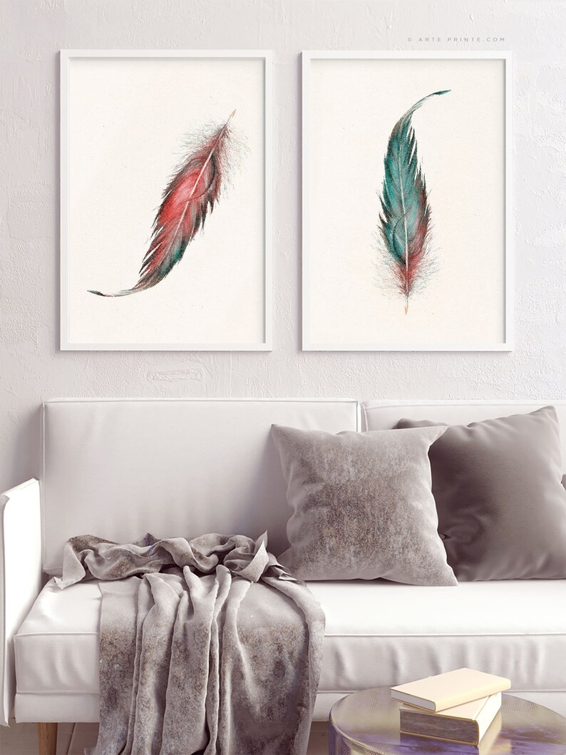 Feathers Art Print Pastel Drawing Feather Wall Art Set Of 2 Etsy