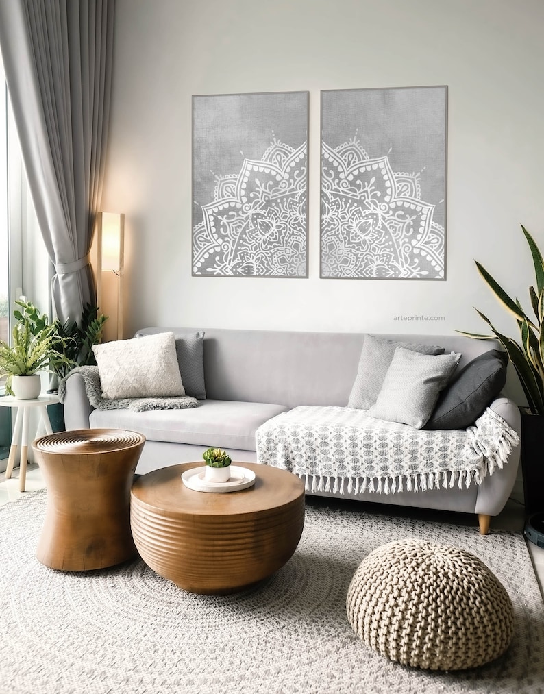 Gray Mandala Wall Art Set Boho Home Decor 2 Piece Canvas Or Paper 