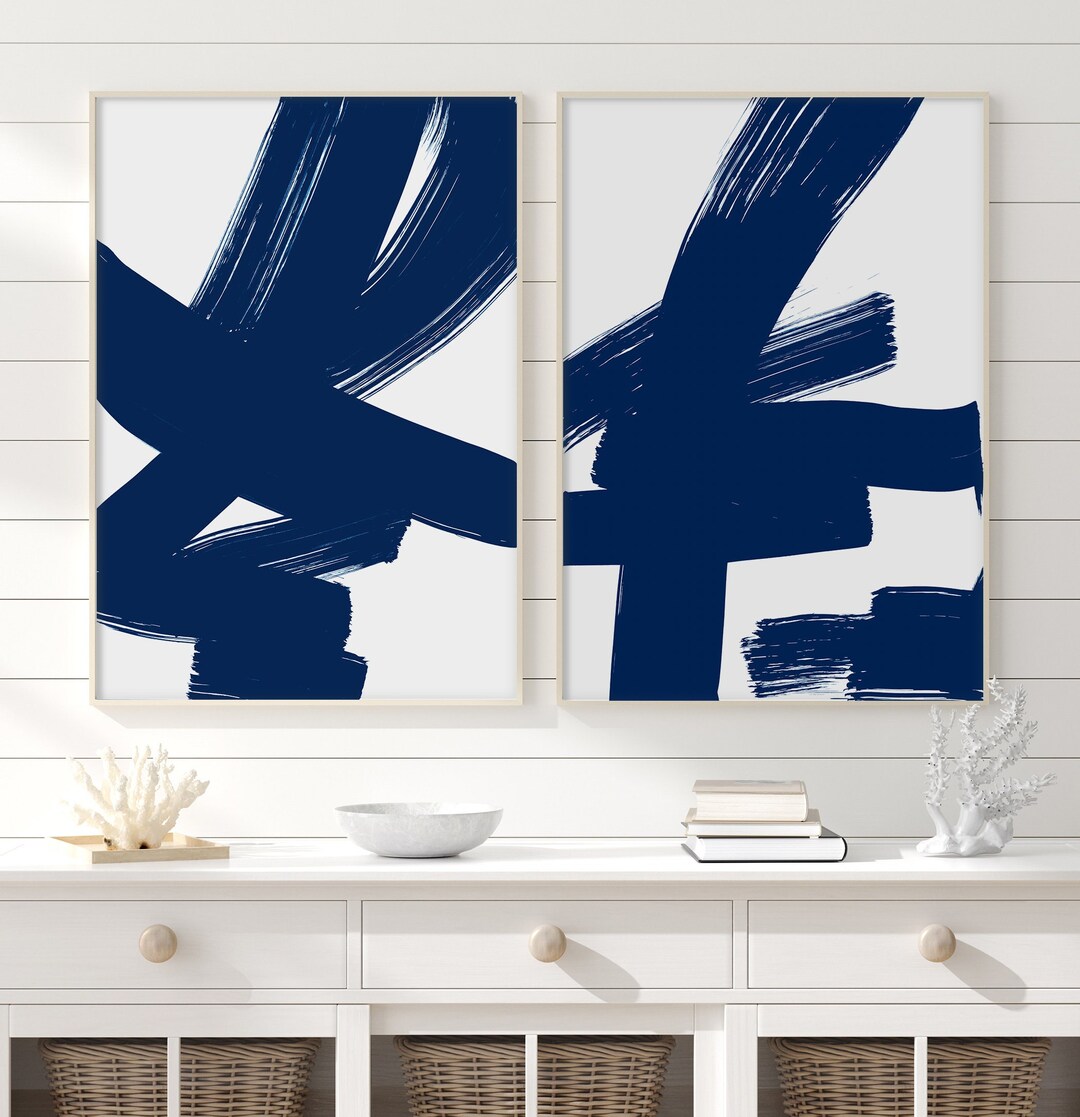Set of 2 Abstract Art Prints, Navy Blue Brush Strokes, Modern Wall Art ...