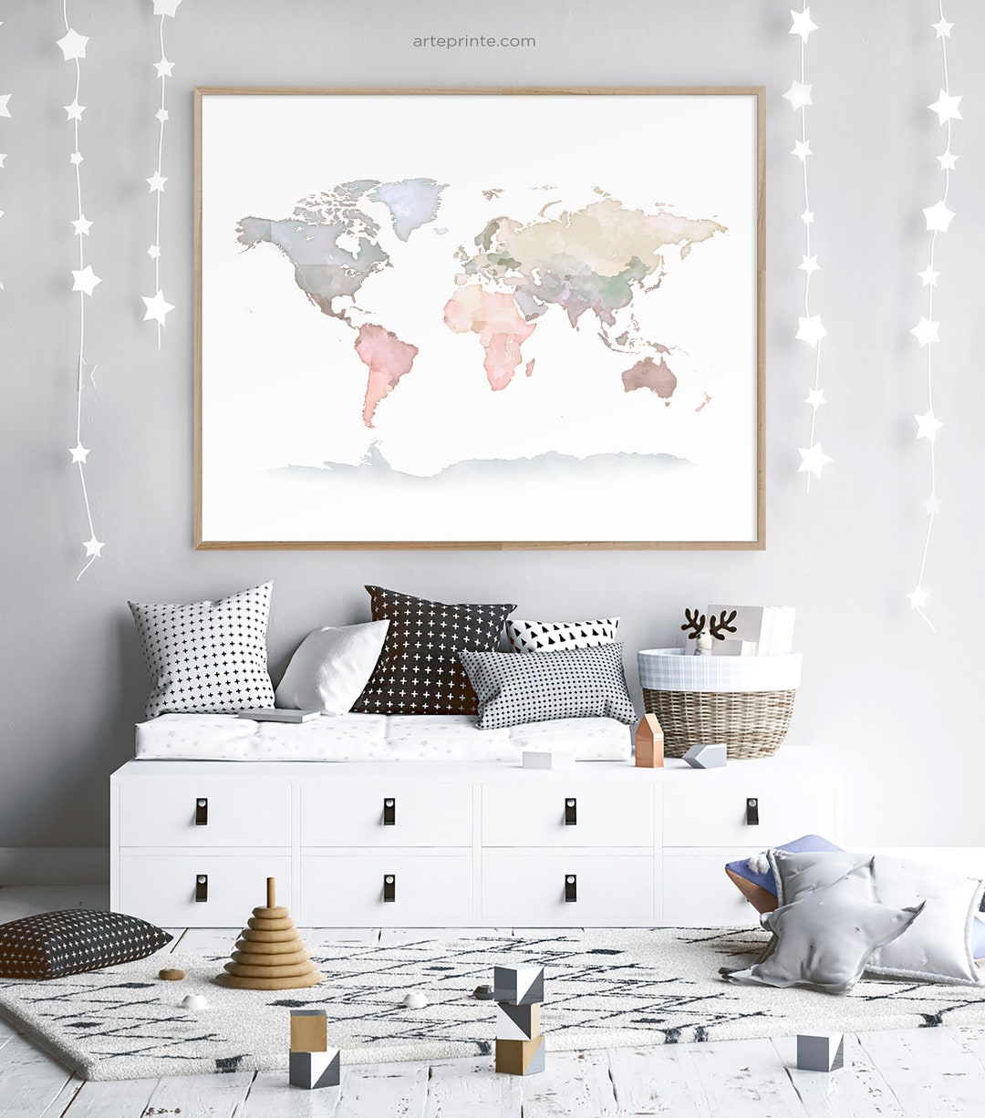 World Map Wall Art Pastel Watercolor Print Neutral Nursery Kids Room ...
