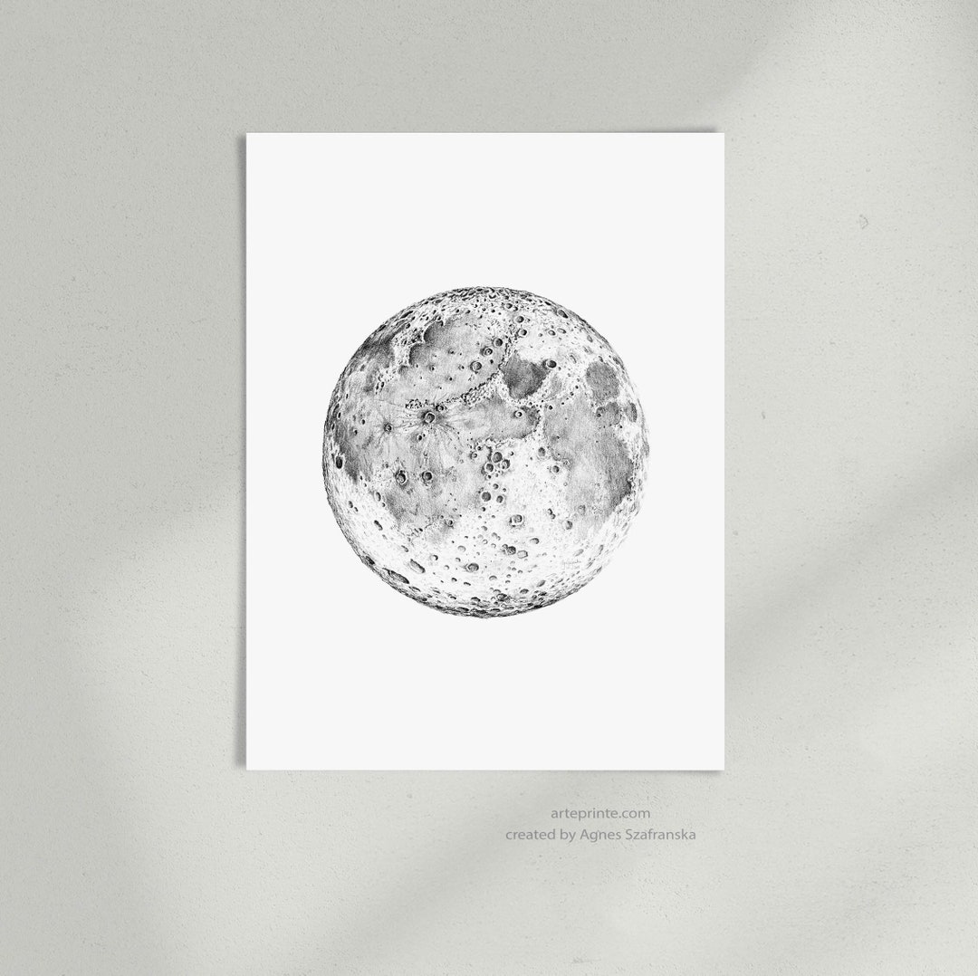 Moon Art, Black White Minimalist Print, Graphite Pencil Drawing, Sketch ...