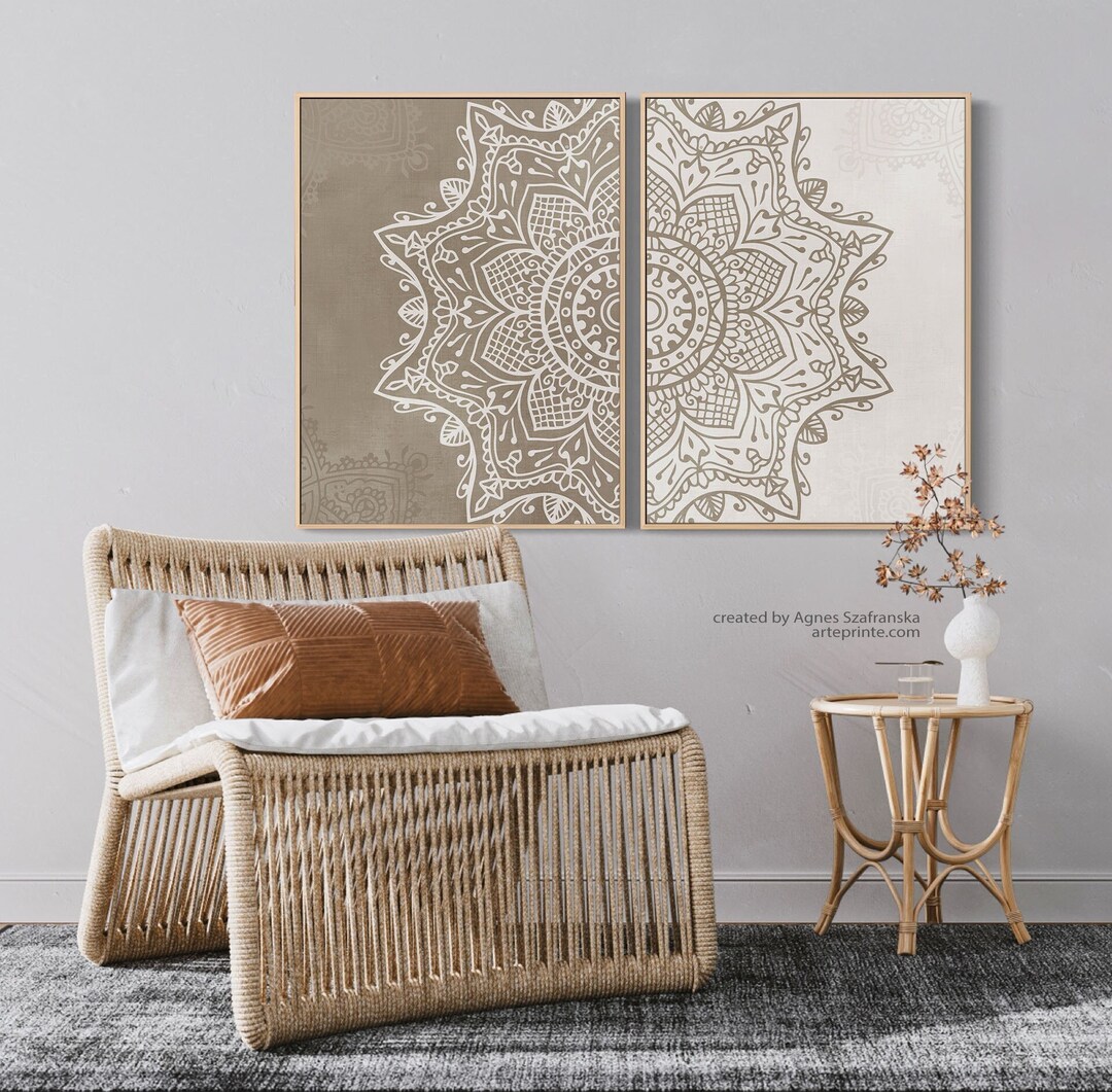 Buy Boho Mandala Wall Art Set 2 Prints Neutral Beige Taupe Zen Bedroom ...