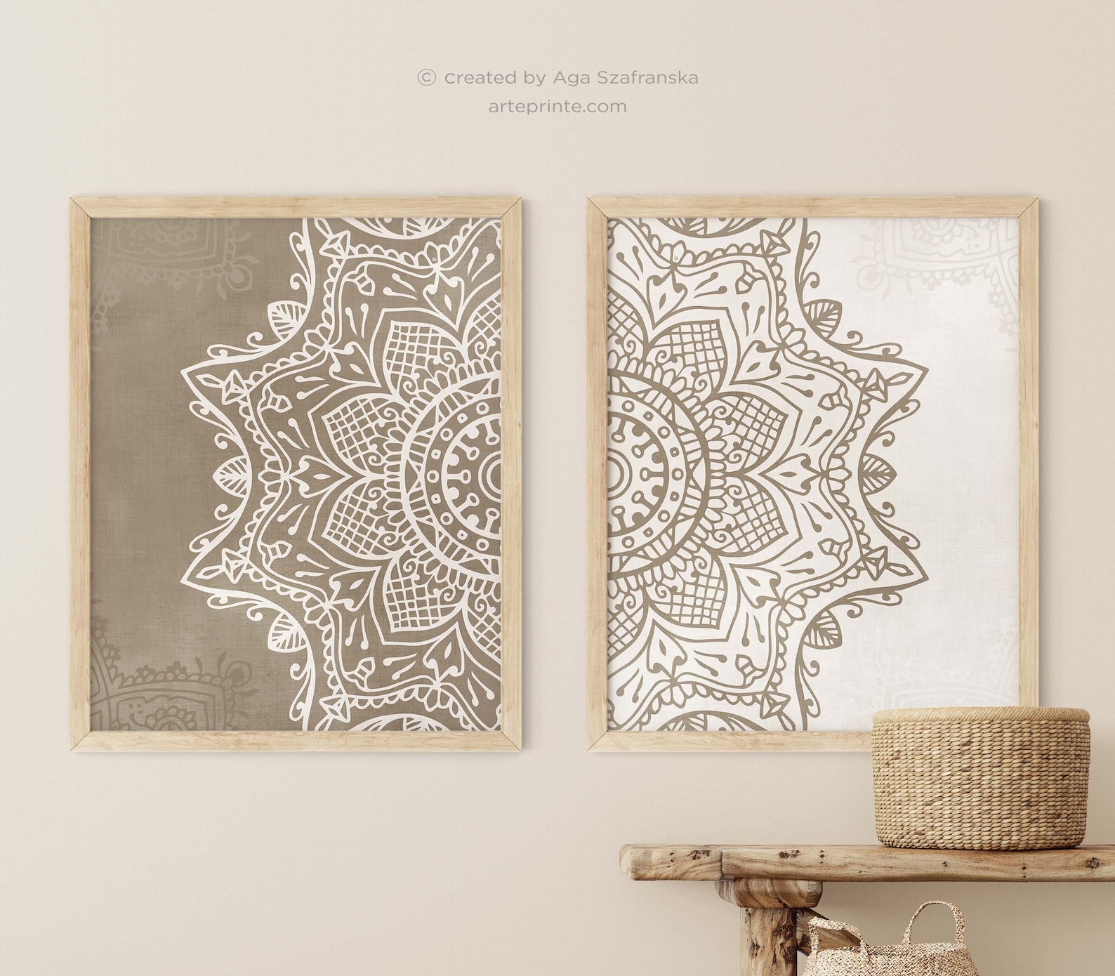 Boho Mandala Wall Art Set 2 Prints Neutral Beige Taupe Zen Bedroom ...