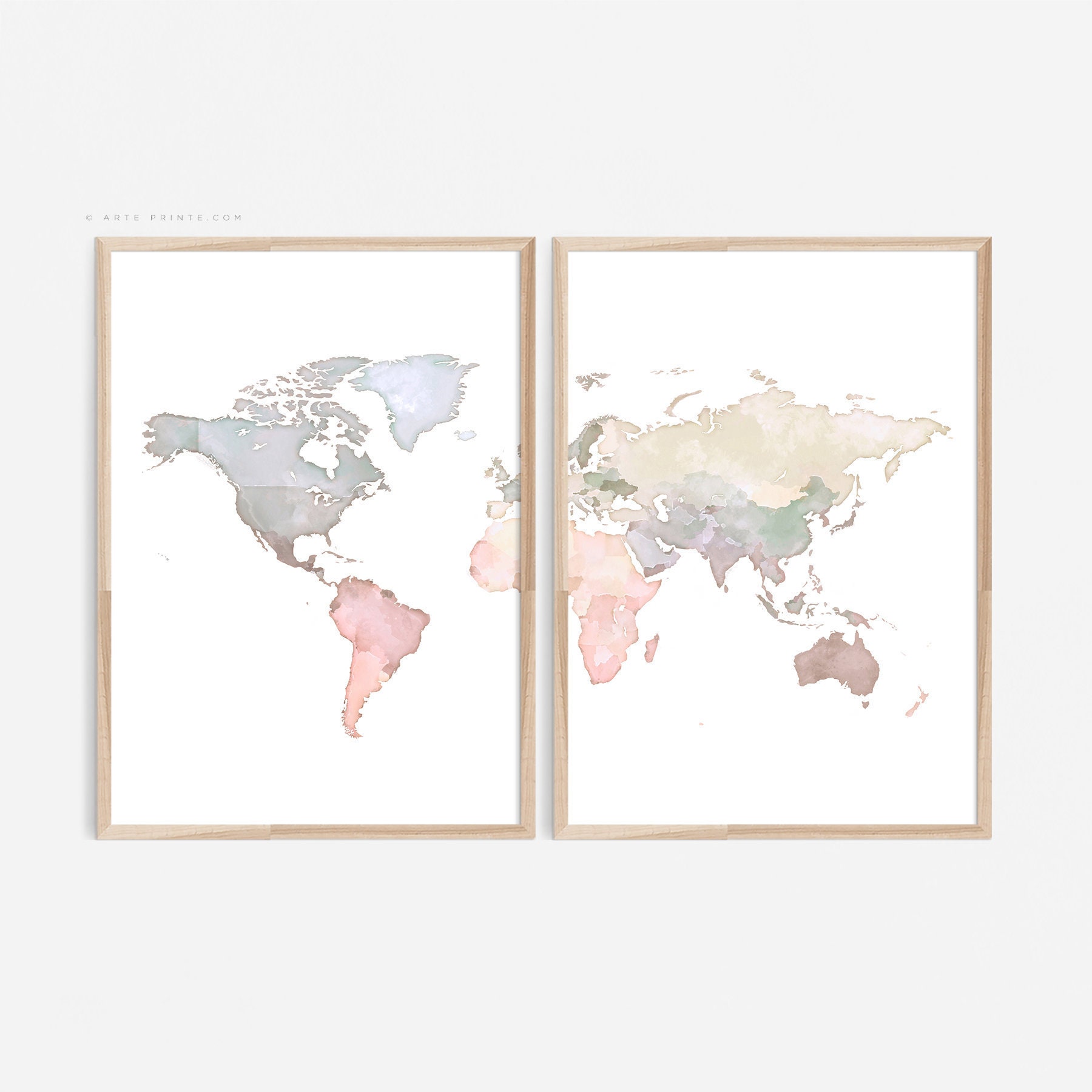 World Map Wall Art 2 Panel World Map Print World Map Art Etsy