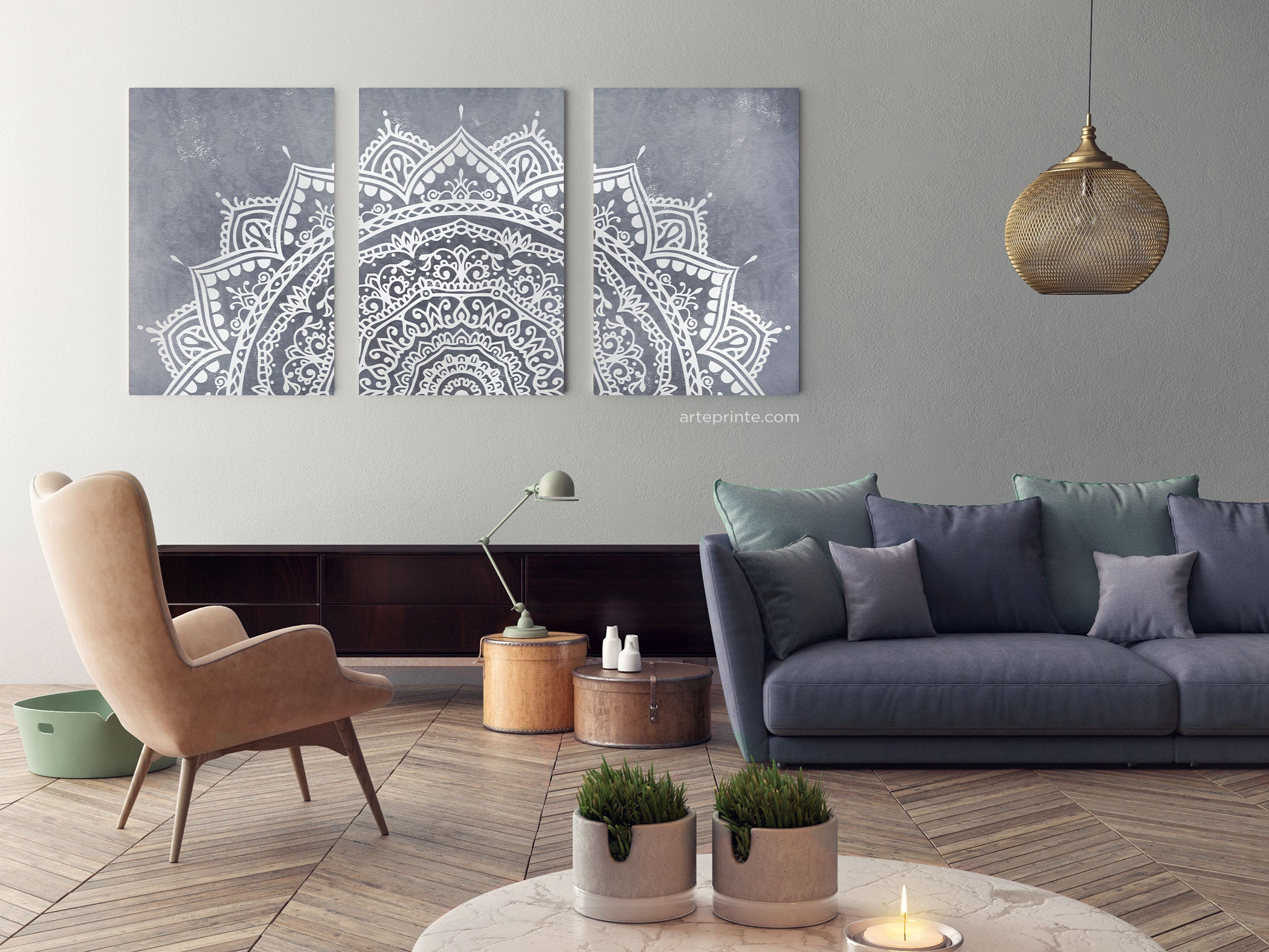 Pale Blue Mandala Wall Art Set 3 Prints Boho Living Room Bedroom Decor ...