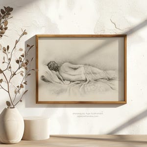 Charcoal and pencil drawing woman in a bed, cream and gray art print by Aga Szafranska.