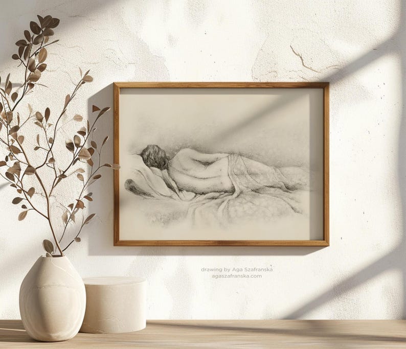 Charcoal and pencil drawing woman in a bed, cream and gray art print by Aga Szafranska.