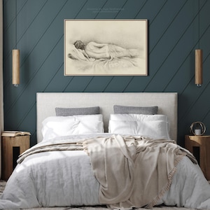 Charcoal and pencil drawing woman in a bed, cream and gray art print by Aga Szafranska.