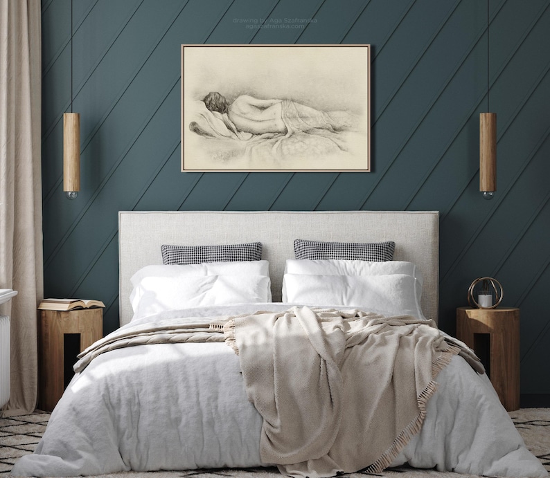 Charcoal and pencil drawing woman in a bed, cream and gray art print by Aga Szafranska.