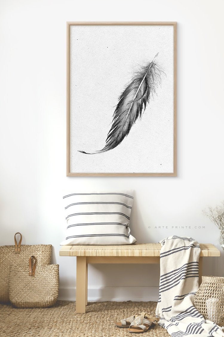 FEATHER Wall Art Black White Feather Print Boho Print Etsy