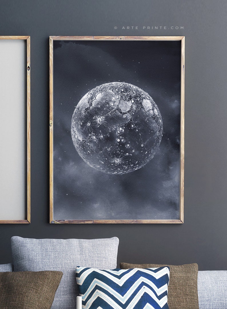 Moon Print Navy Blue Moon Wall Art Print Pencil Drawing Etsy