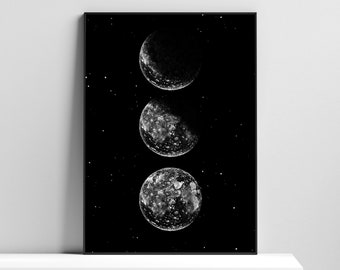 Moon Phases Art Print, Black White Wall Art, Night Sky, Phases of the Moon, Graphite Pencil Drawing Moon, Wall Poster, Printed Shipped
