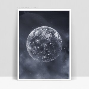 Mond Wand Kunst Druck, Marineblau Mond Poster, Planet Kunst, Bleistiftzeichnung, Astronomie Dekor, Papier oder Leinwand, Giclée Druck | Aga Szafranska