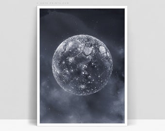 Navy Blue Moon Wall Art Vintage Astronomy Pencil Illustration Giclee Prints