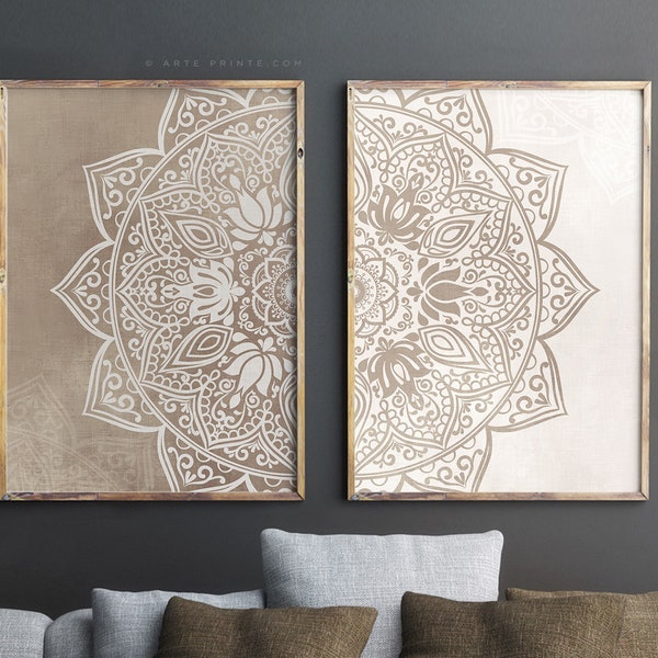 Beige Taupe Mandala Prints Set of 2, Boho Wall Art, Living Room Bedroom Wall Decor, Yoga Room Decor, Canvas or Paper, Printed Shipped