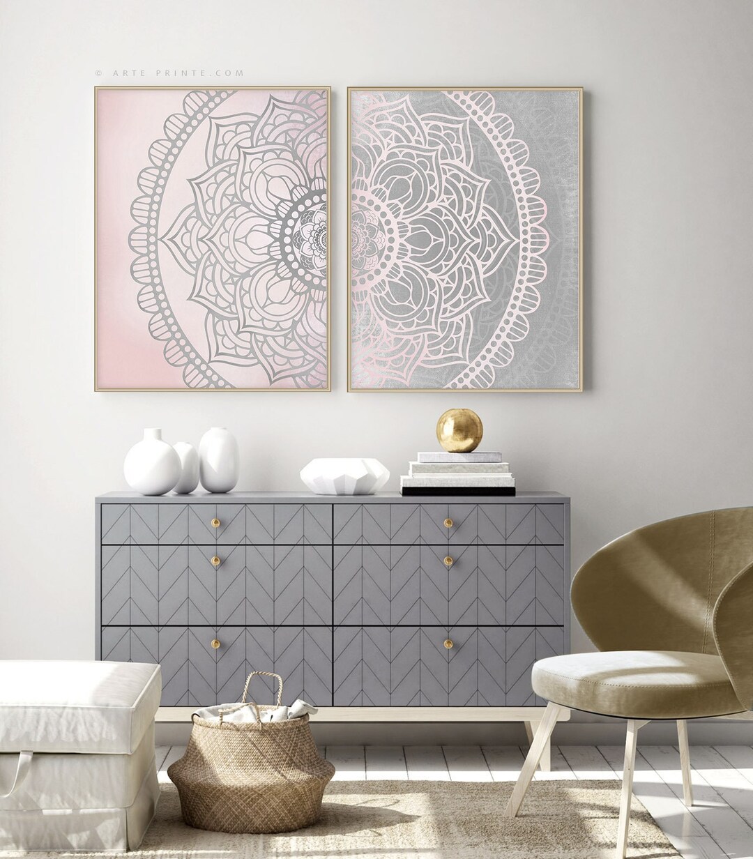 Pink Gray Mandala Wall Art Set 2 Prints Boho Girl Room Bedroom Decor ...