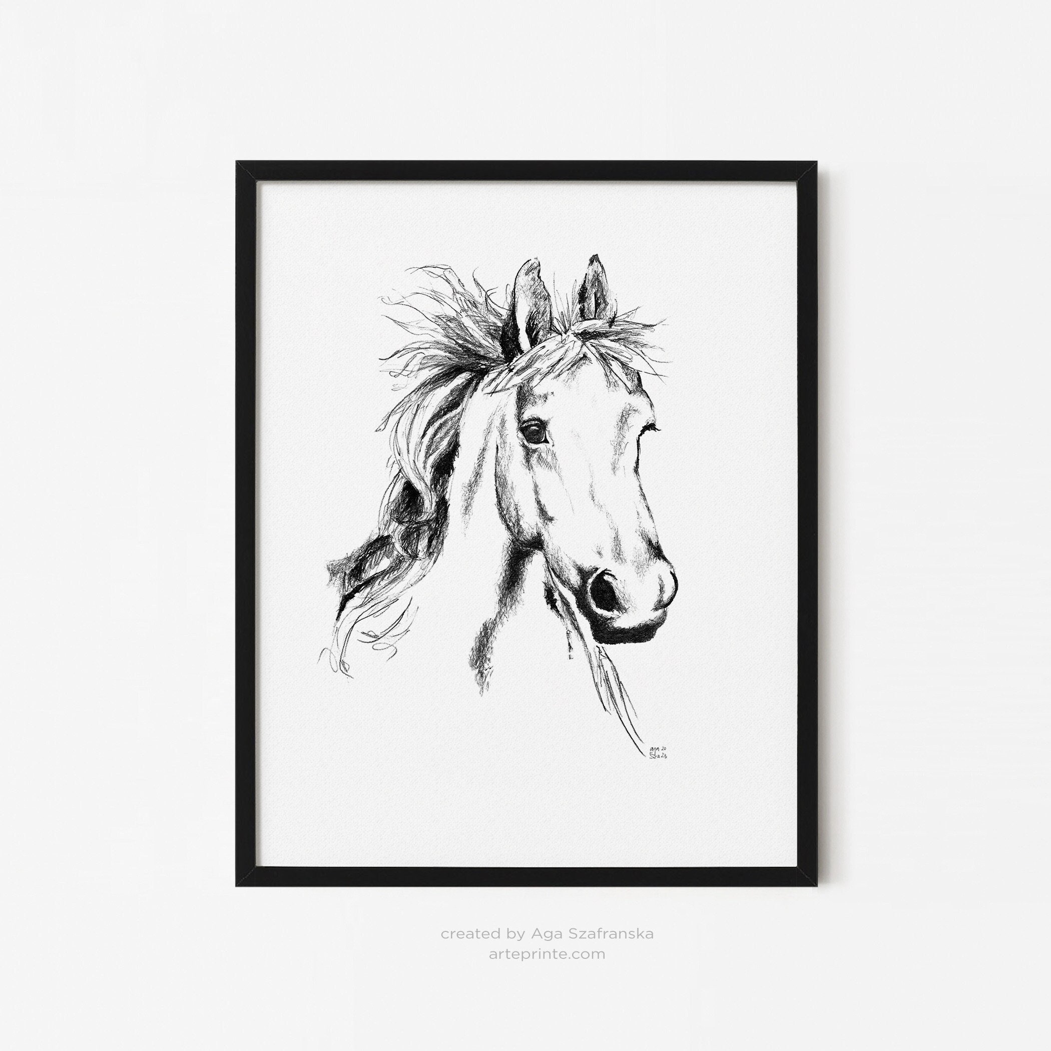 Horse Print, Black White Aesthetic Horse Head Sketch, Pencil & Charcoal Drawing, Minimalist Illustration, Giclee Print | Aga Szafranska