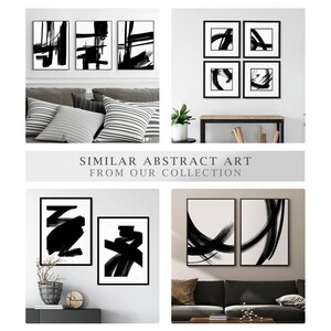 Four different interior designs with black and white abstract minimalist wall art prints with black frames. The prints feature bold brushstrokes and lines. The prints are arranged on wall in different living rooms. SIMILAR ABSTRACT ART FROM OUR COLLECTION arteprinte.com