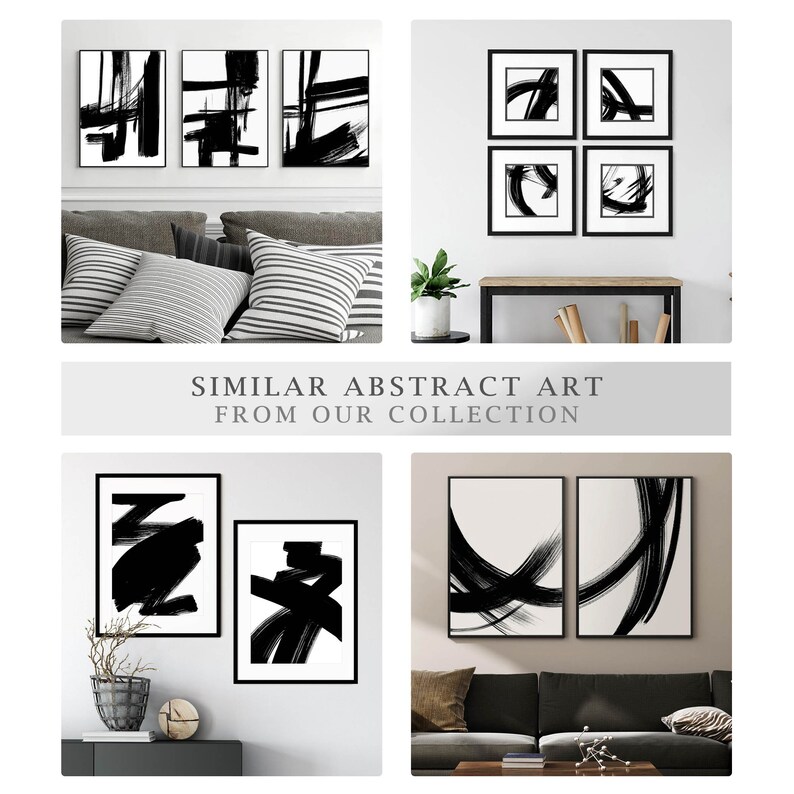 Four different interior designs with black and white abstract minimalist wall art prints with black frames. The prints feature bold brushstrokes and lines. The prints are arranged on wall in different living rooms. SIMILAR ABSTRACT ART FROM OUR COLLECTION arteprinte.com