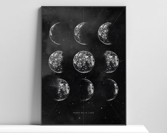 May include: Black and white illustration of the phases of the moon on a black background. The text "FASES DE LA LUNA" is at the bottom of the image.