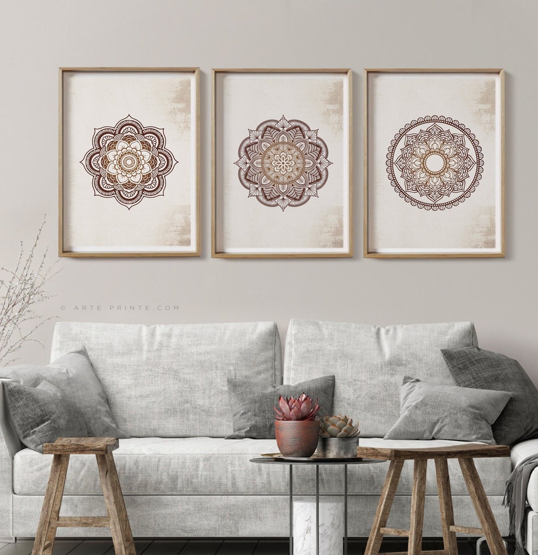 Brown Mandala Wall Art Set of 3 Prints: Boho Living Room & Bedroom ...