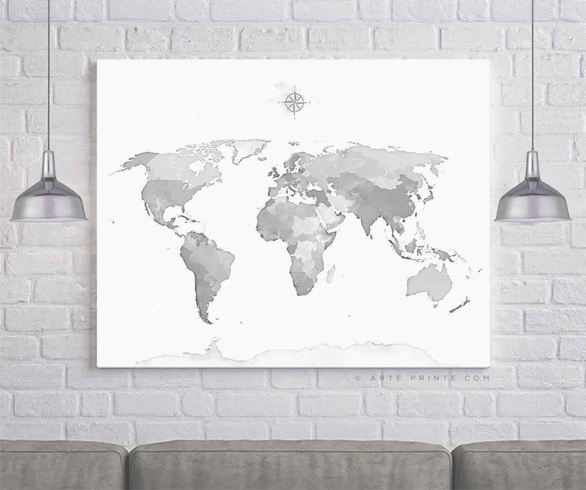 Gray World Map Wall Art Grey White World Map Art Print Etsy