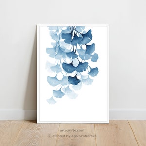 Ginkgo Leaves Art Print, Blue Watercolor Painting Branch, Modern Botanical Wall Art - Giclee