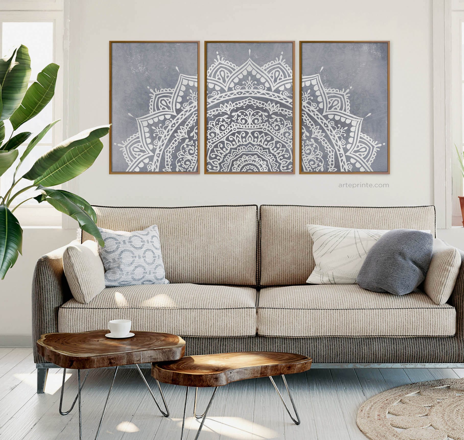 Pale Blue Mandala Wall Art Set 3 Prints Boho Living Room Bedroom Decor ...