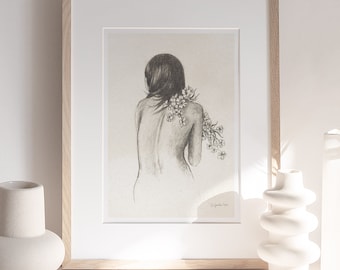 Woman with Flowers Pencil Drawing, Figure Sketch Print: Minimalist Floral Feminine Wall Art - Giclee