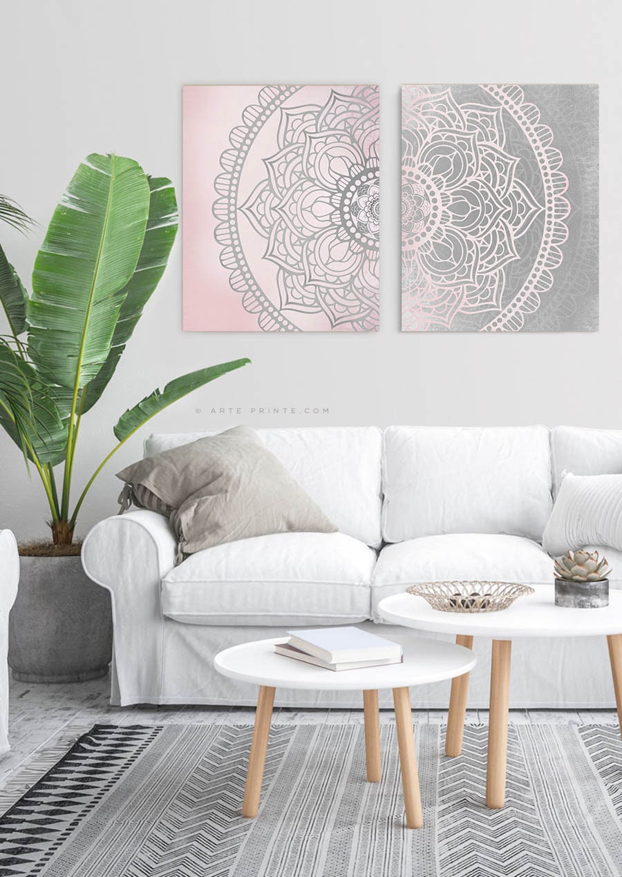 Blush Pink Gray Mandala Wall Art Set of 2 Prints Boho Living Etsy