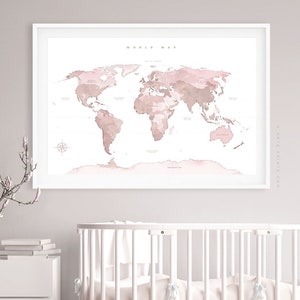 Girl Nursery Decor, Blush Pink World Map Wall Art, Baby Girl Room Print, Blush Pink Map of the World, Travel Home Decor, Printed Shipped