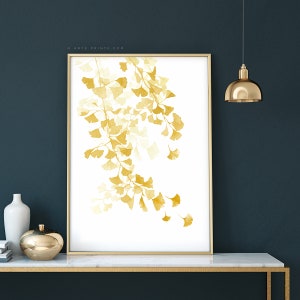 Yellow Leaves Print, Ginkgo Art Print, Watercolor Art, Yellow Watercolor Painting Ginkgo Leaves with Branch, Botanical Art, Printed Shipped