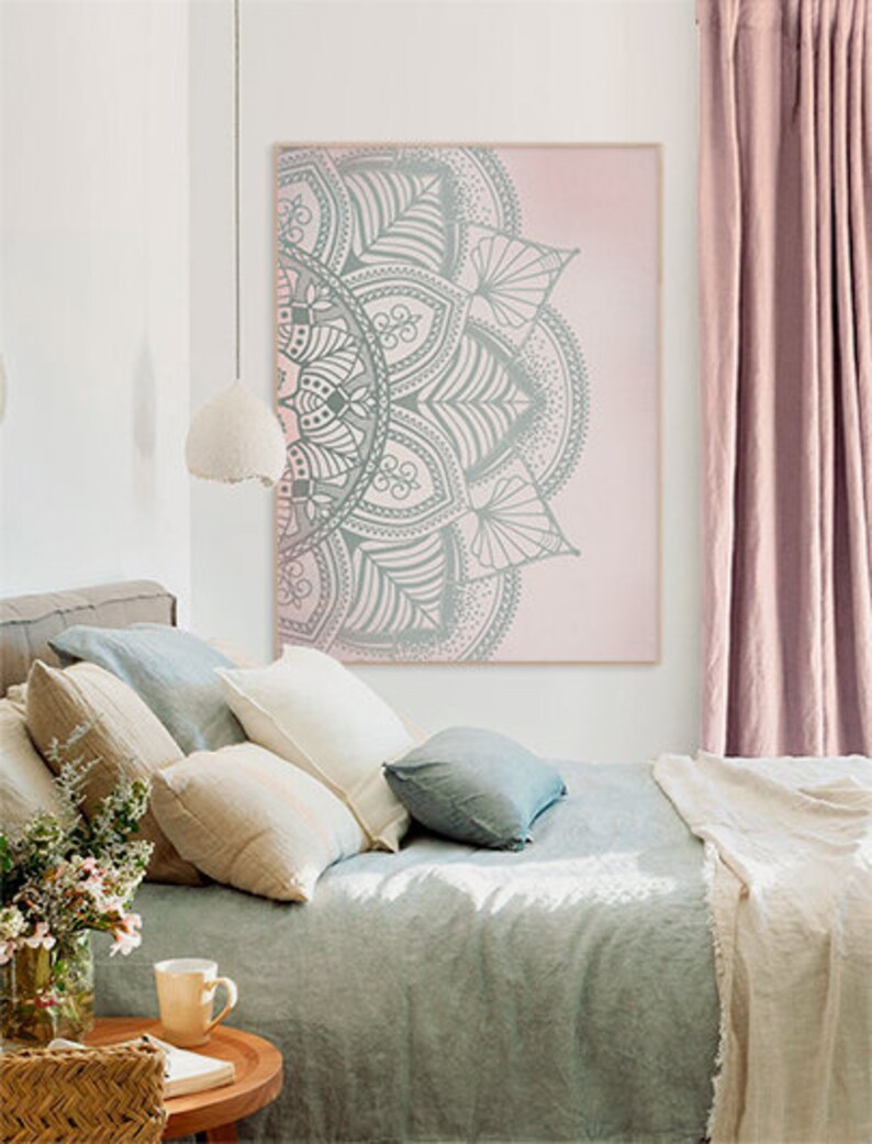 Pink Green Gray Mandala Wall Art Canvas Print Diy Home Decor Etsy