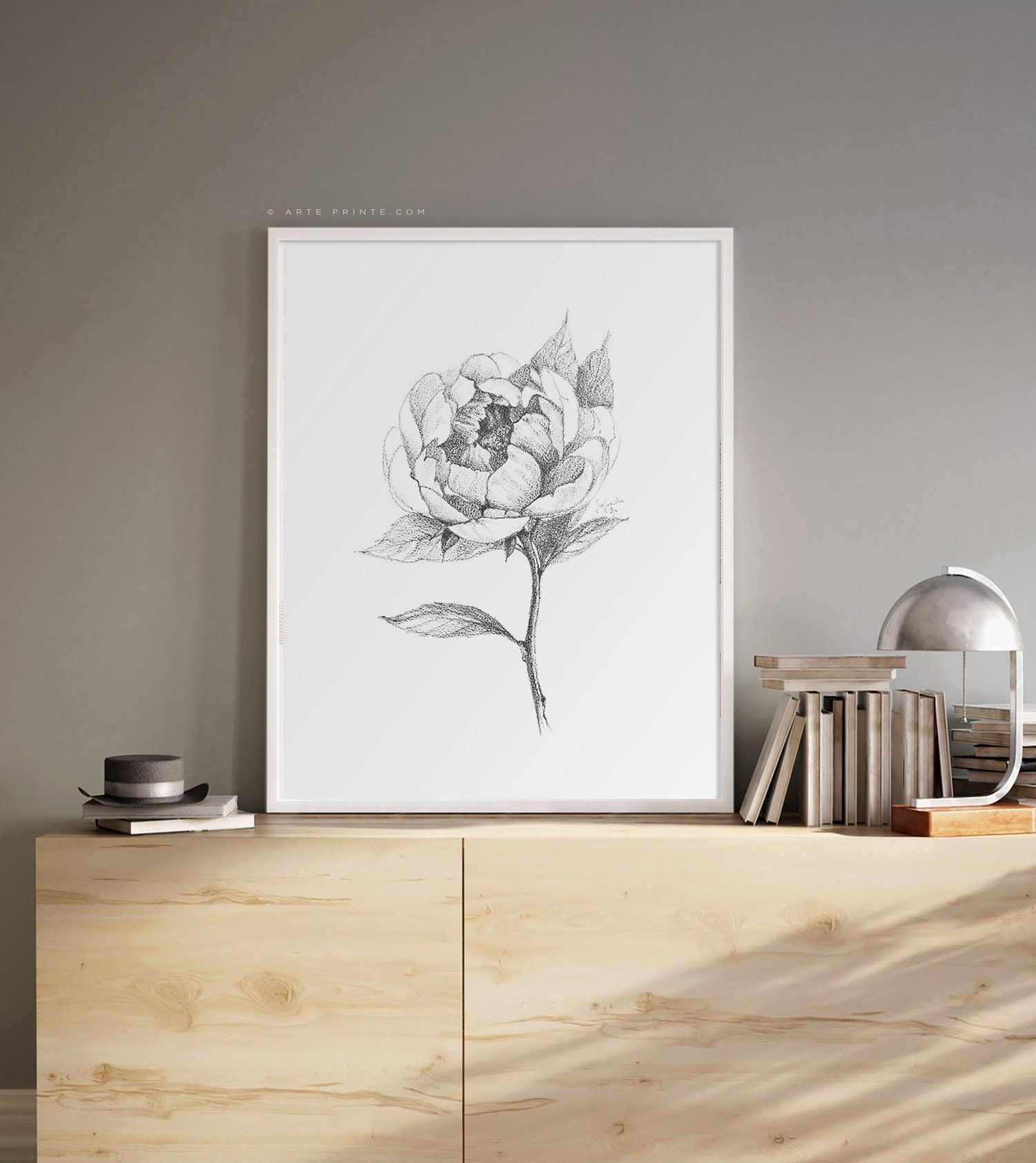 Flower Print Gray Peony Print Graphite Sketch Illustration | Etsy