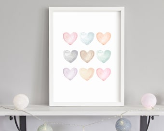 Pastel Hearts, Watercolor Painting, Art Print, Baby Nursery Decor, Child Room, Hearts Illustration, Poster Heart for Kids, Printed Shipped