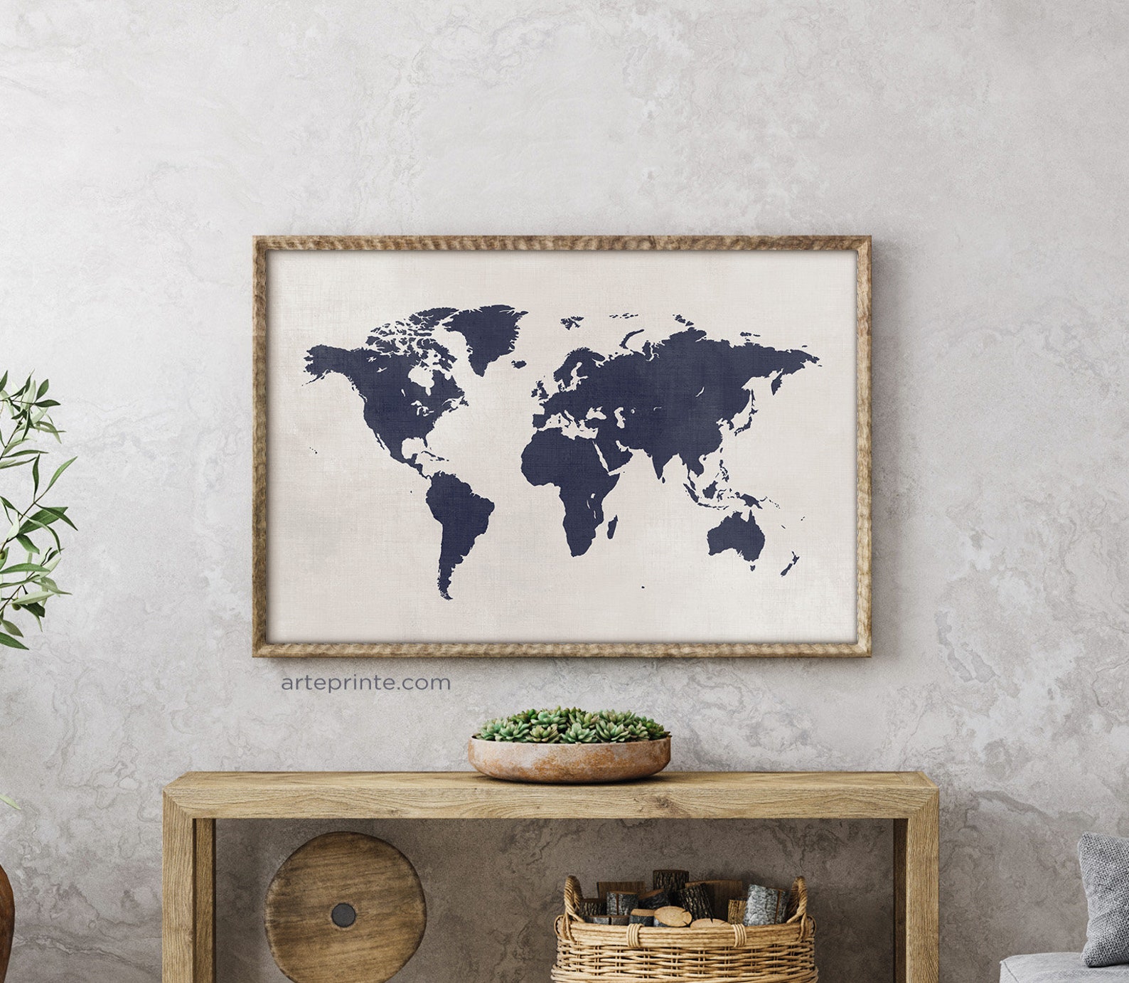 Navy Blue World Map Wall Art Minimalist Rustic Map Print Map Etsy
