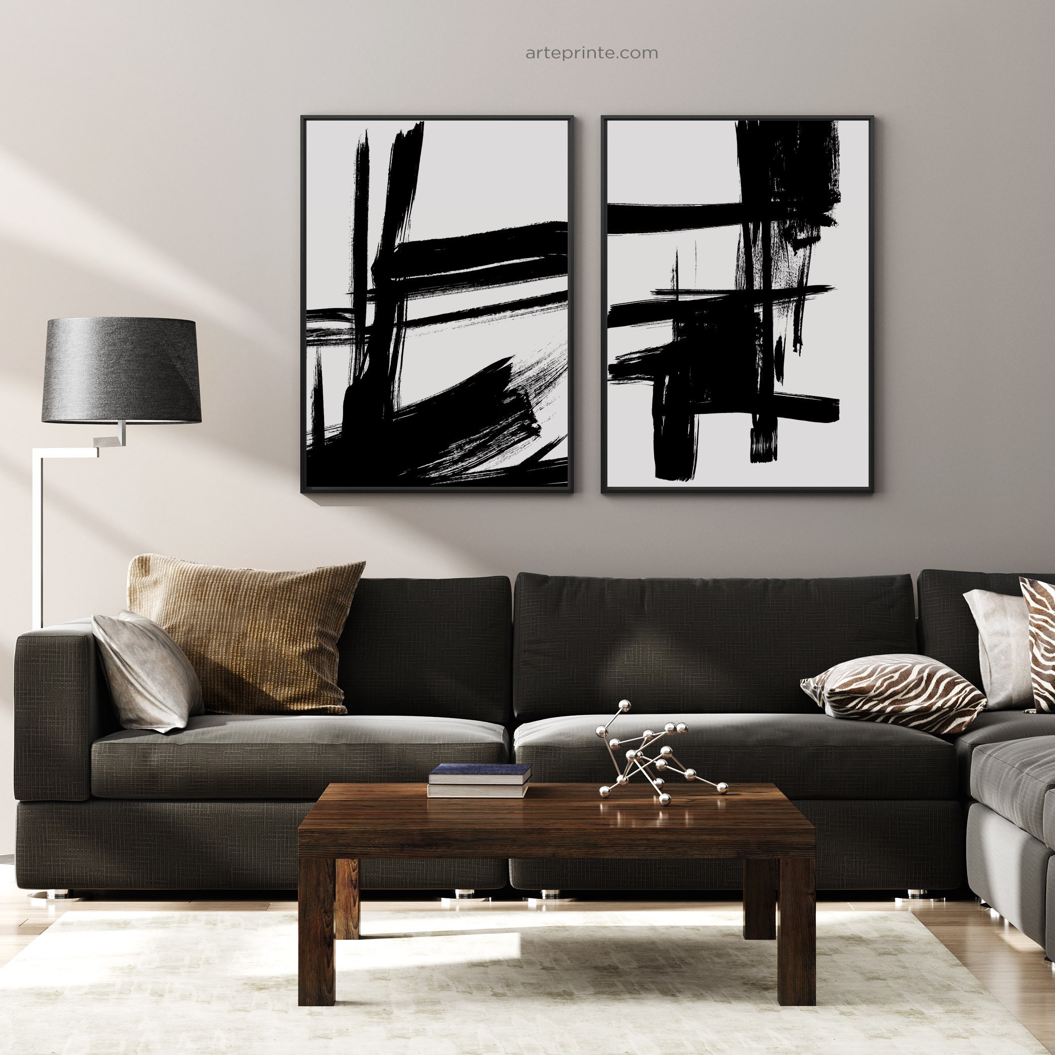 Black Brush Strokes Wall Art Set 2 Black White Abstract Modern ...