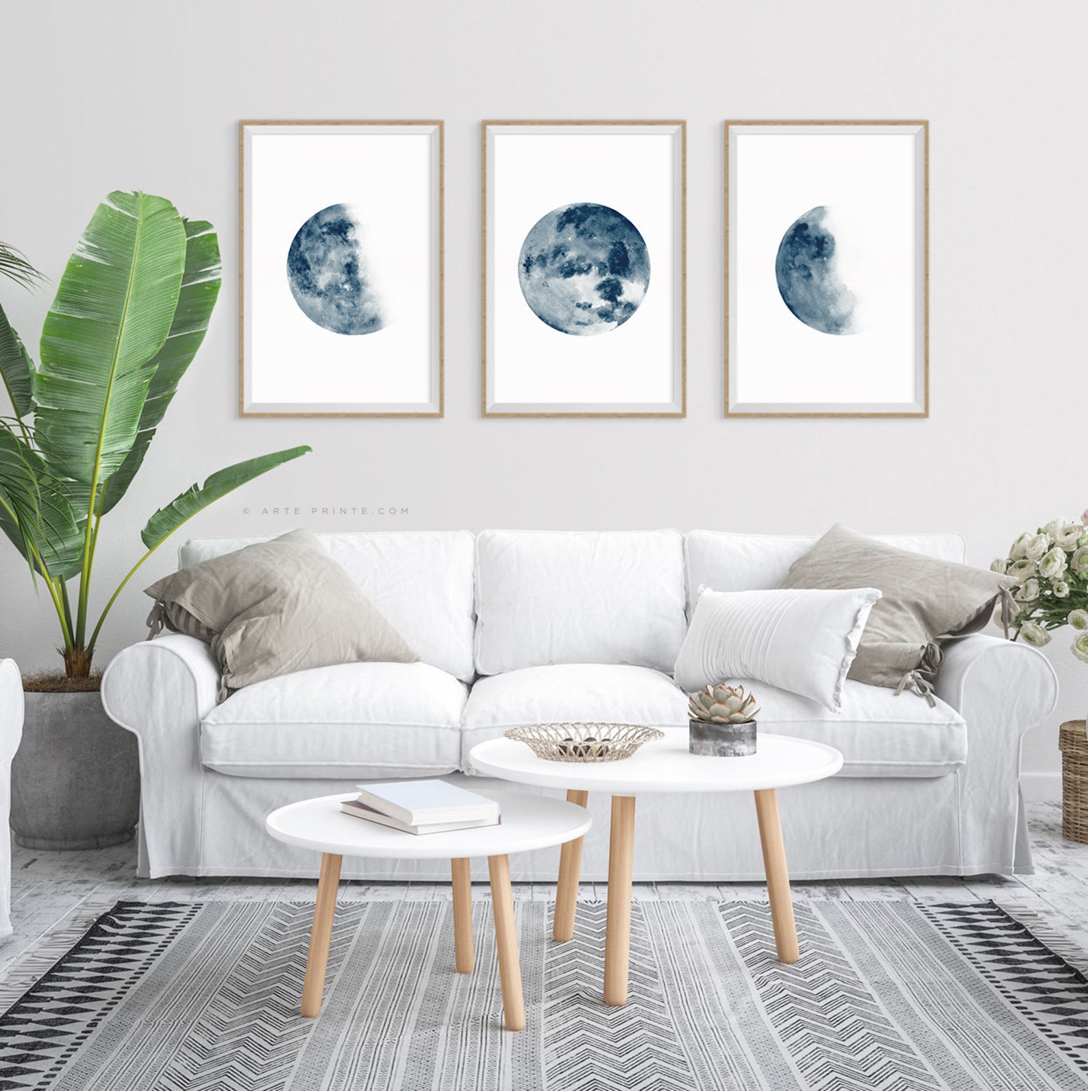 Blue Watercolor Moon Phases Wall Art Set of 3 Prints: Minimalist Modern ...