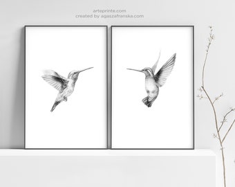 Hummingbird Pencil Drawings, Set of 2 Bird Art Prints - Black and White Sketches, Minimalist Bird Wall Art - Giclee Prints | Aga Szafranska