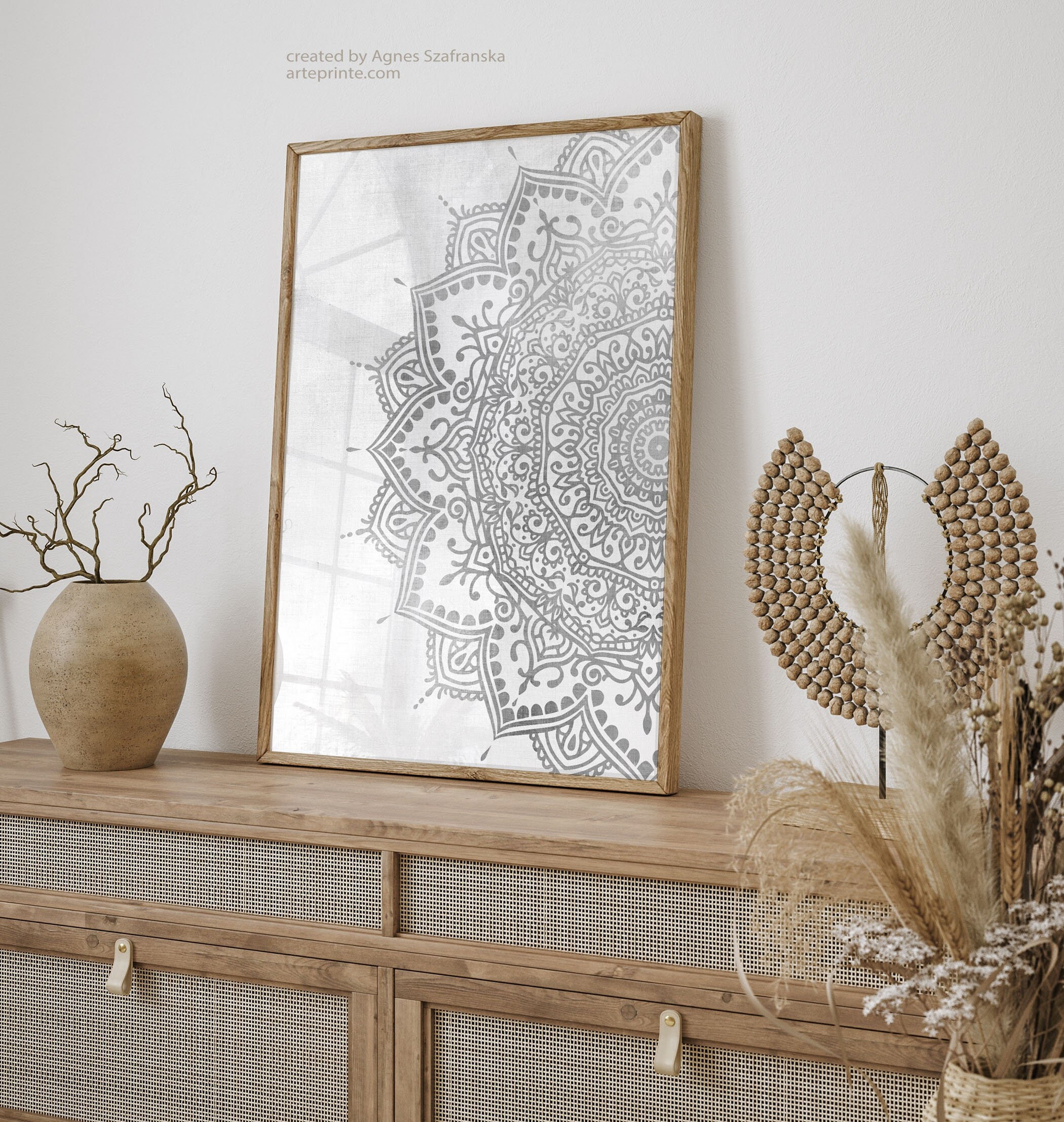Gray Boho Chic Mandala Wall Art Print: Zen Bedroom Decor, Yoga Studio ...
