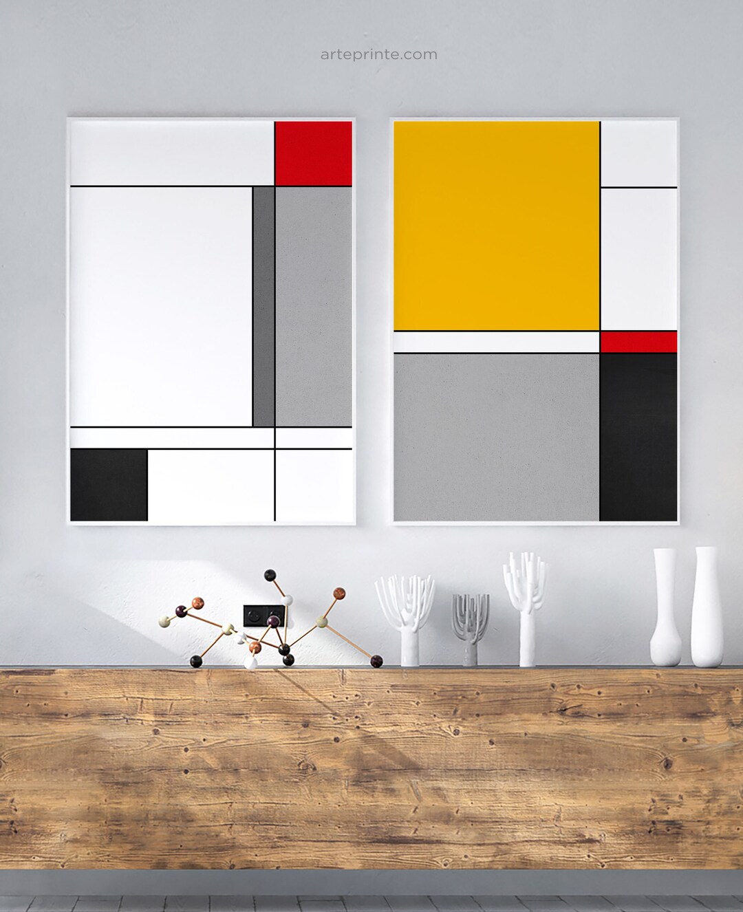 Mid Century Modern Wall Art Set of 2 Abstract Minimalist Bauhaus ...