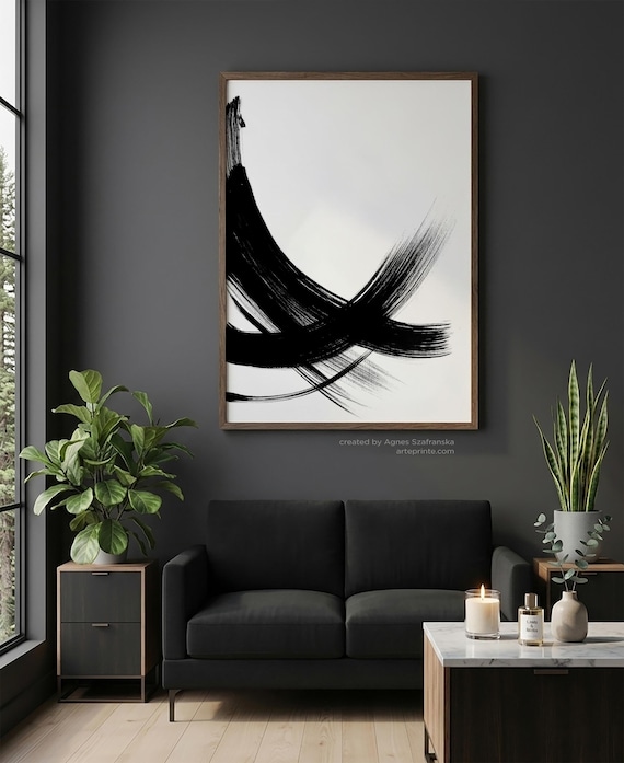 Black Bold Brushstrokes Print Black and White Minimalist Abstract Wall Art, Modern Decor - Giclee