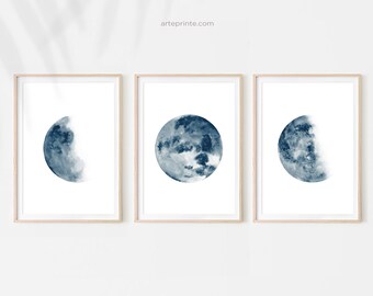 Blue Watercolor Moon Phases Wall Art Set of 3 Prints Minimalist Modern Decor Giclee