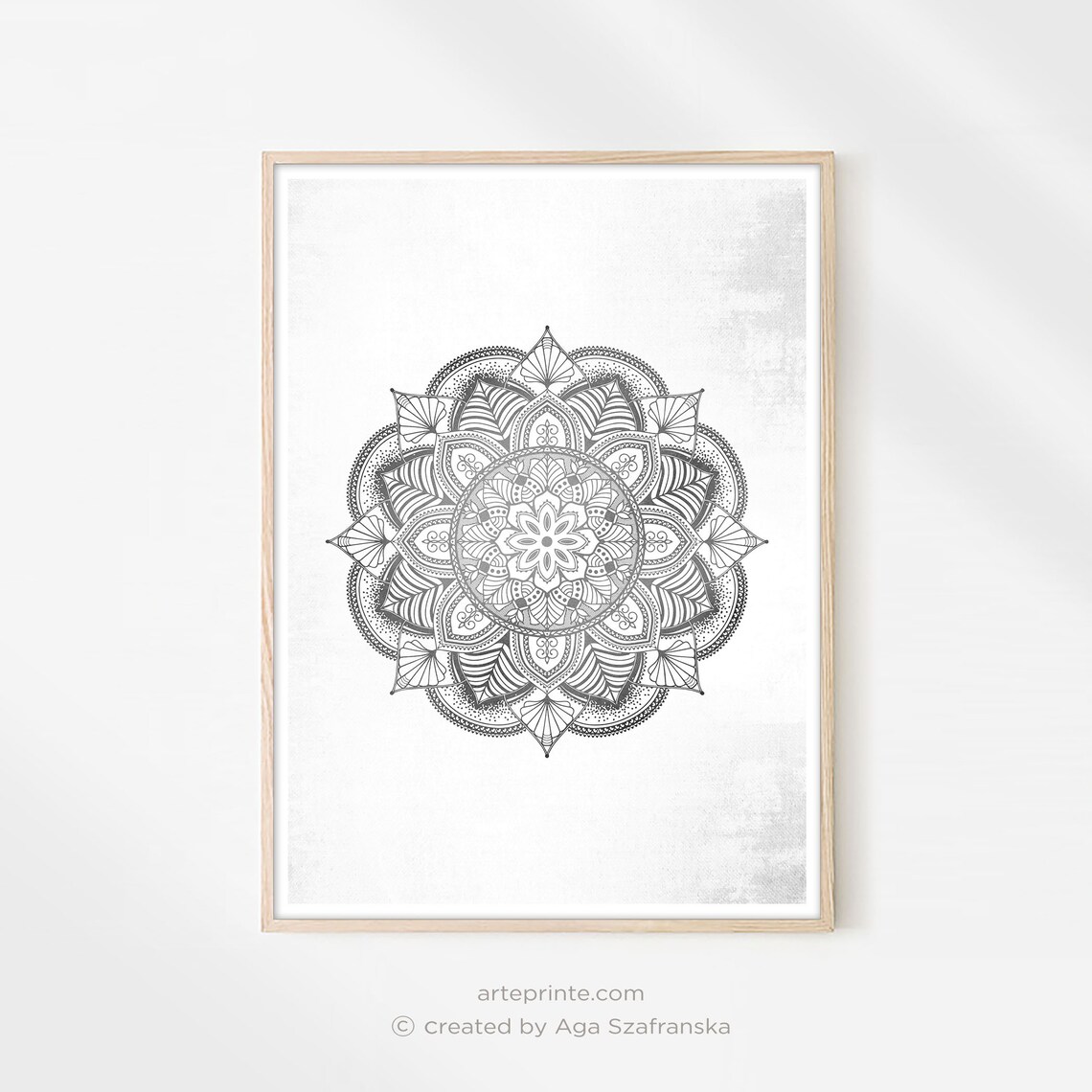 Mandala Wall Art Black and White Print Gray Mandala Printed Etsy