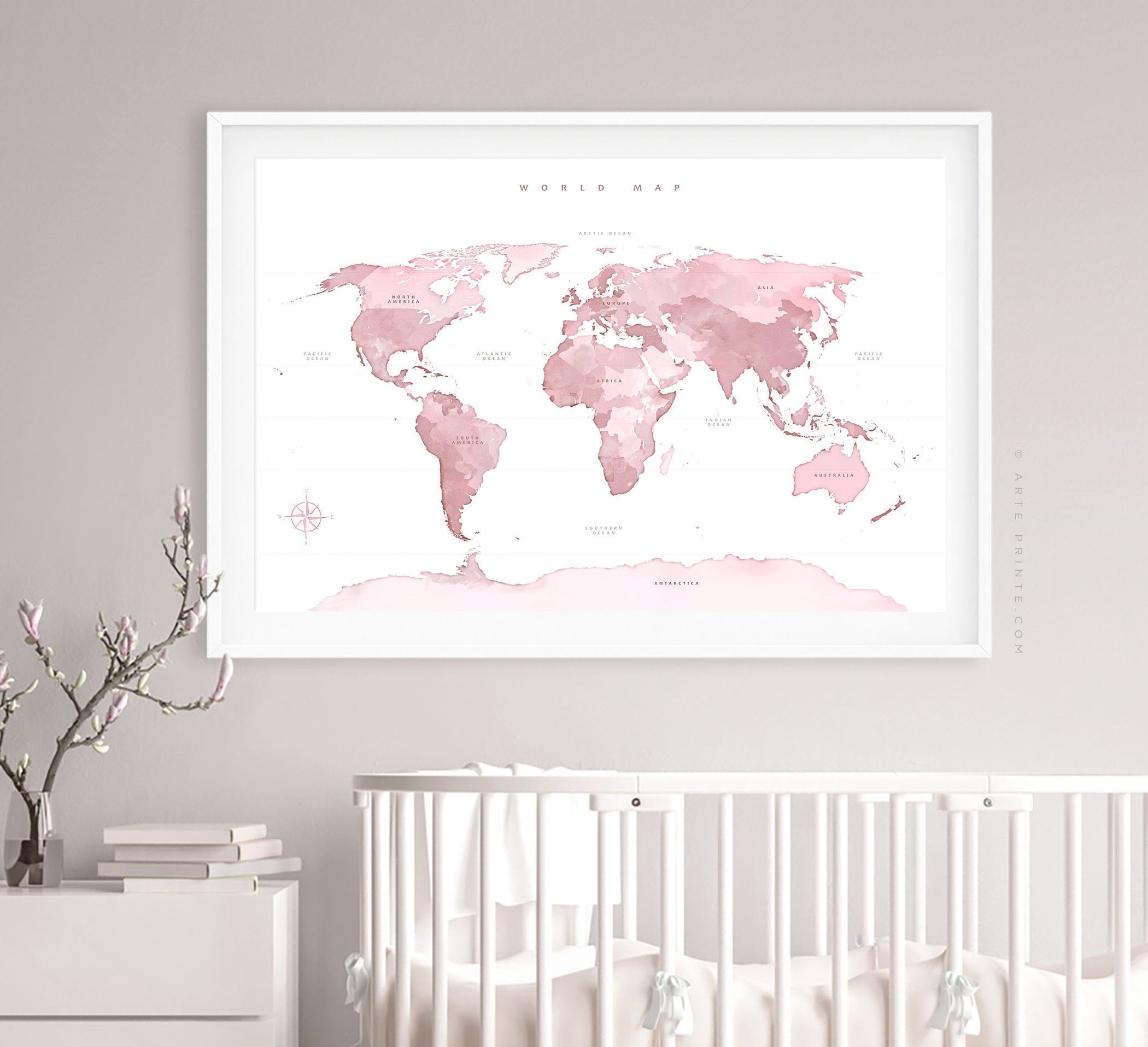 Pink World Map Wall Art With Continents Names Pink And Gray Etsy