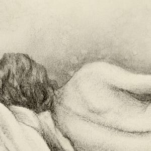 Charcoal and pencil drawing woman in a bed, cream and gray art print by Aga Szafranska.