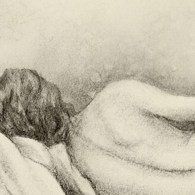 Charcoal and pencil drawing woman in a bed, cream and gray art print by Aga Szafranska.