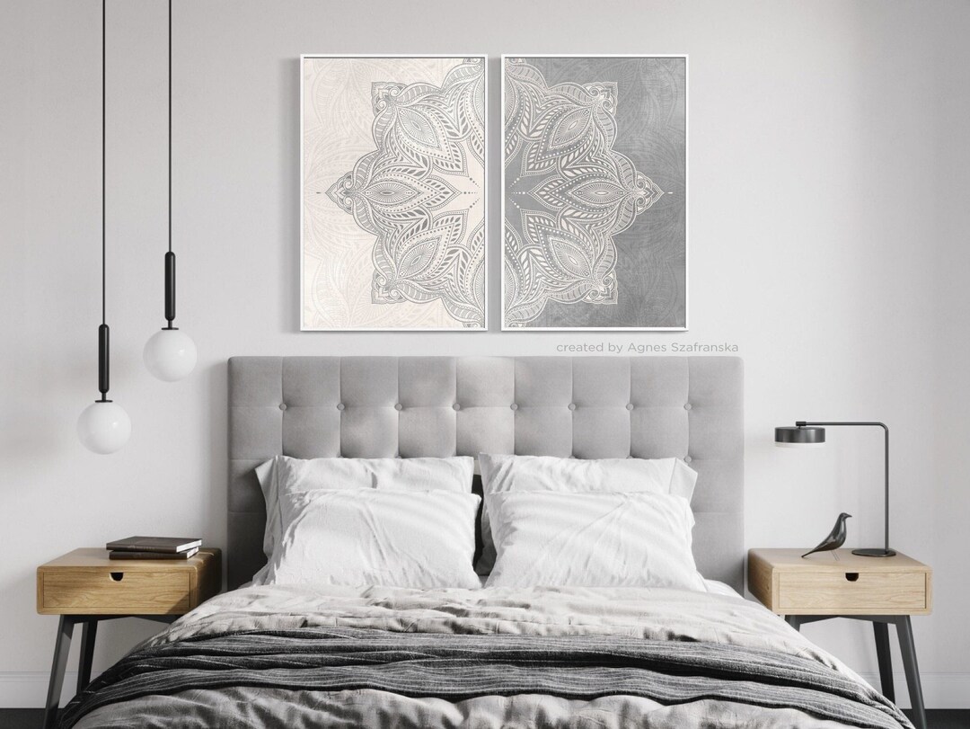 Mandala Wall Art Set 2 Prints Gray Neutral Tones Boho Zen Yoga Decor ...
